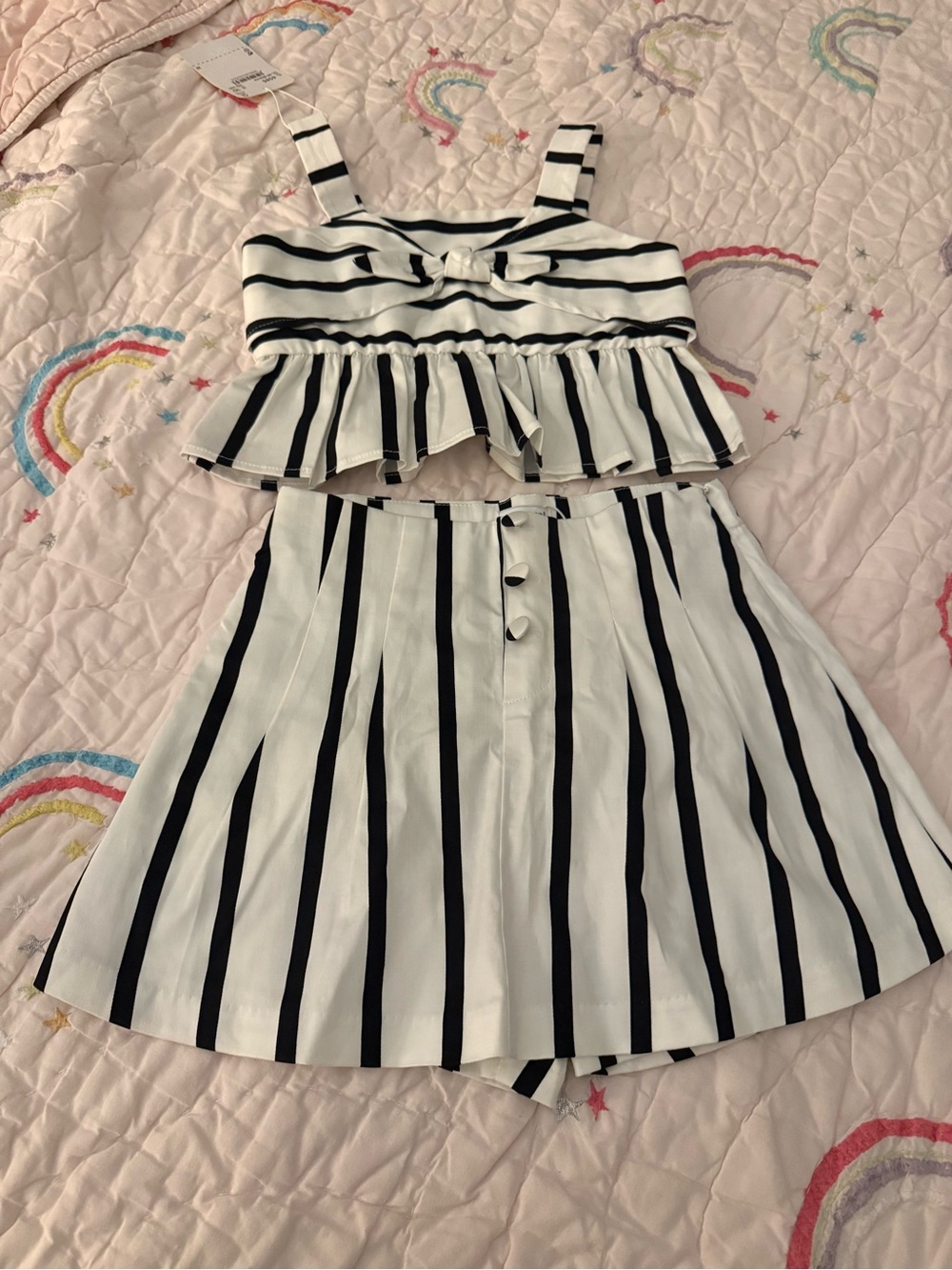 Mayoral Girls Black & White Striped Two-Piece Skort and Top Set, size 10